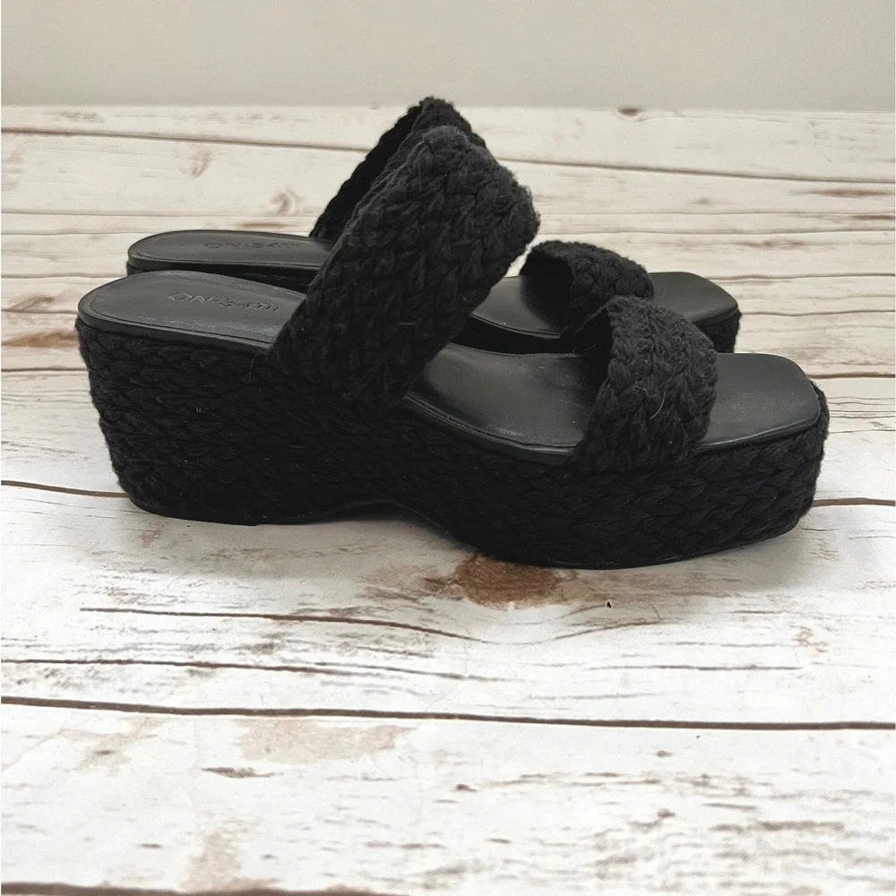 On 34th Norina Platform Slide Sandals Black Braided Woven Wedge 8M